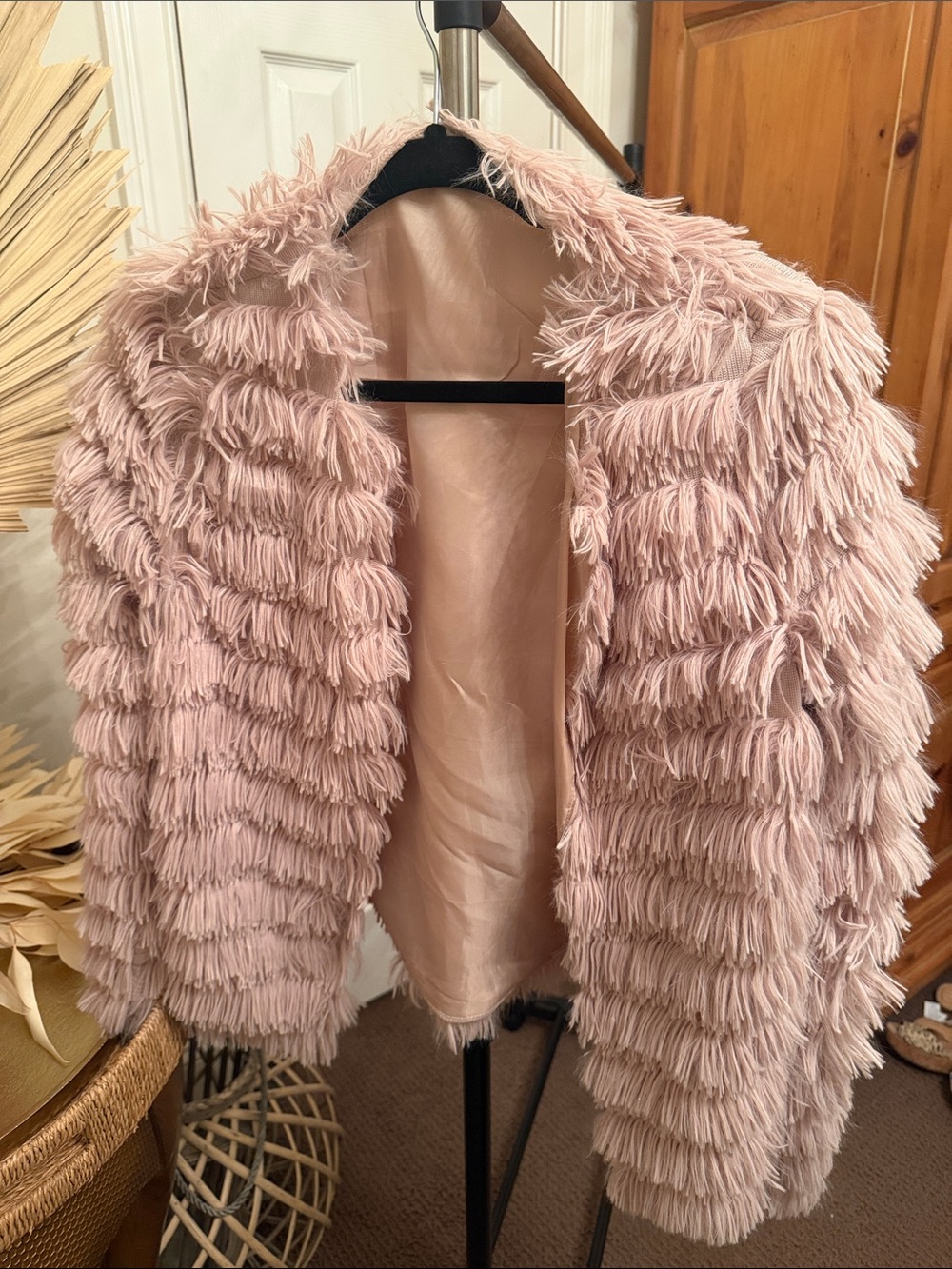 Source Unknown Blush Pink taupe Fringe Teddy Jacket